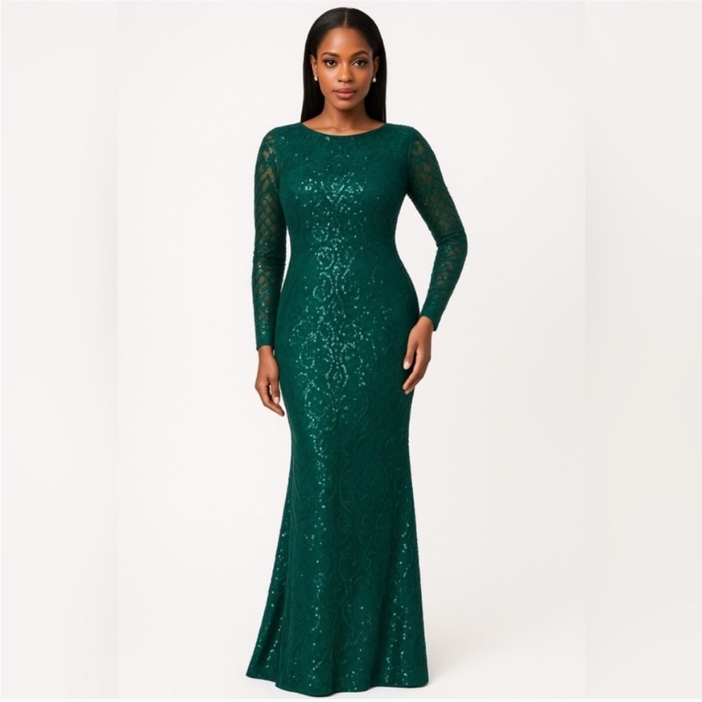 Betsy & Adam SZ 4 NWT Emerald Green Sequin Long Sleeve Evening Gown MODEST GALA